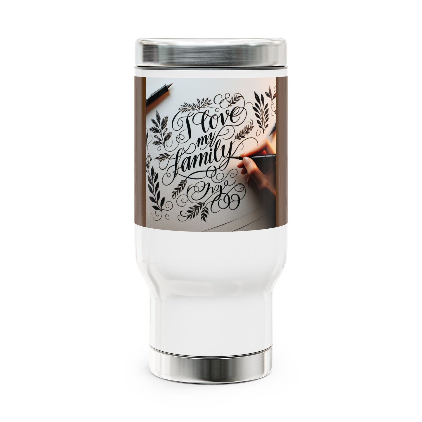 Coffee Travel Mug-14oz Stainless Steel with handle-Perfect gift for family "I love my family"