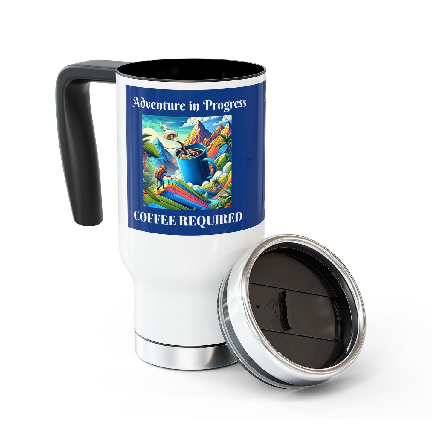 Travel Mug - Adventure in Progress, Coffee Required - 14oz Stainless Steel with Handle