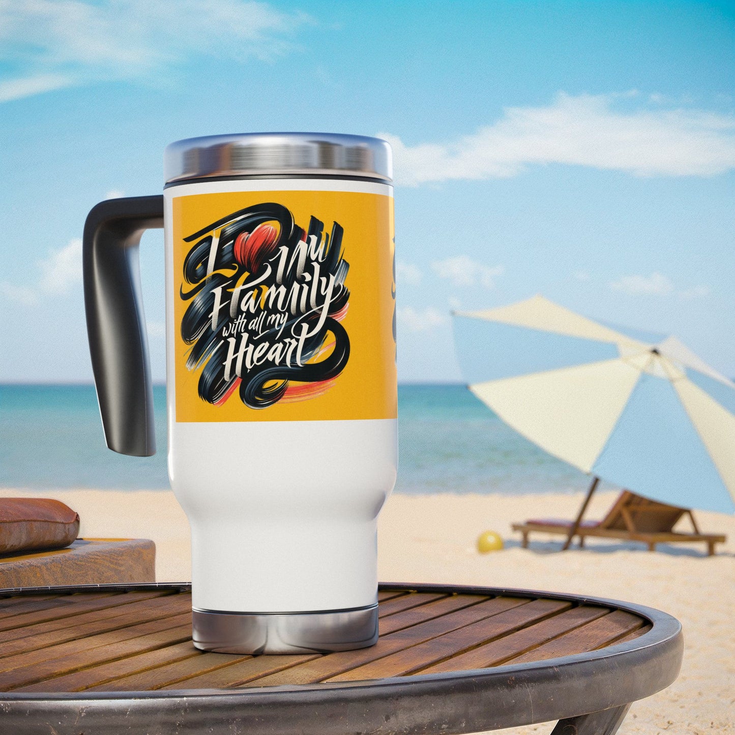 Coffee Travel Mug - 14oz Stainless Steel with Handle -"I love my family with all my heart"