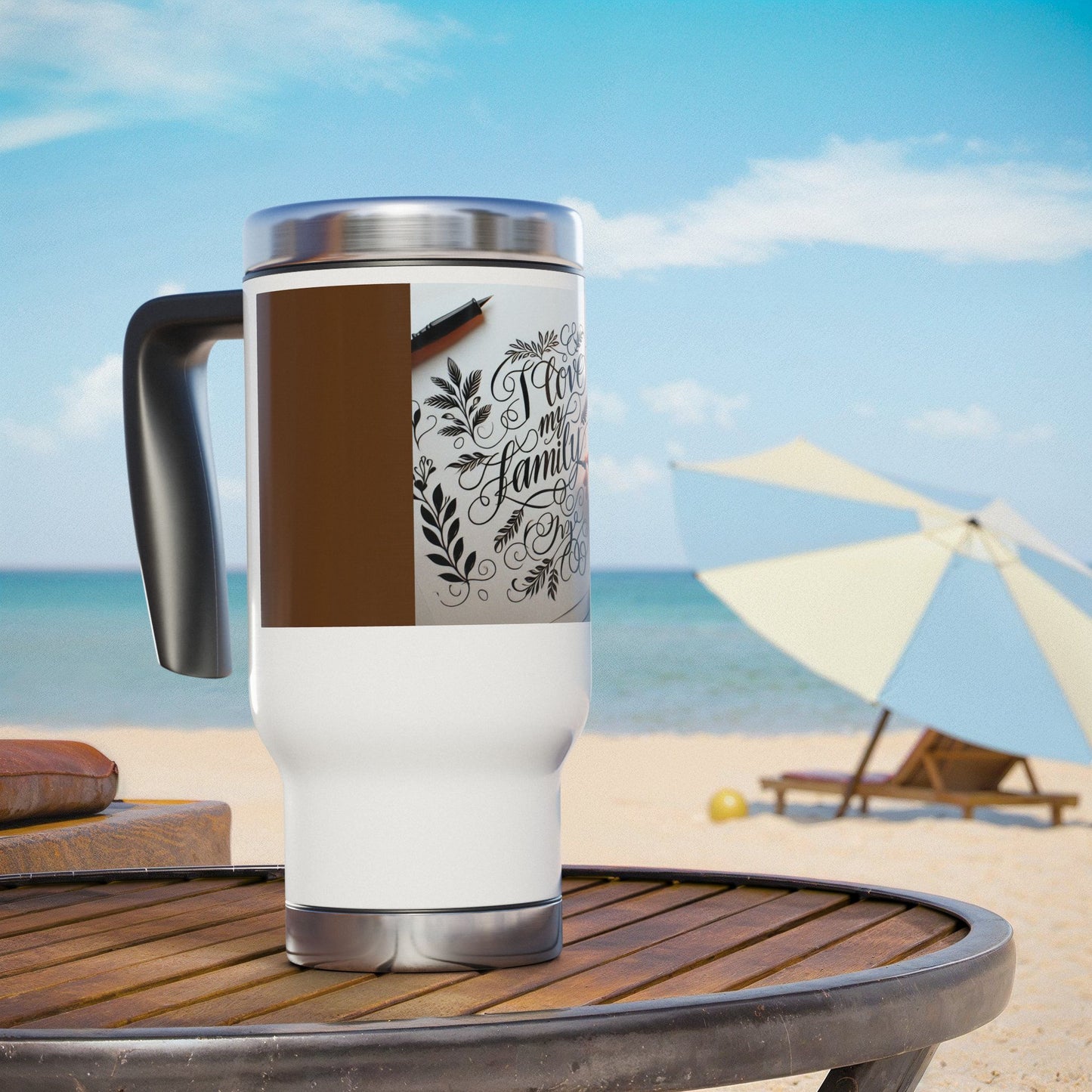 Coffee Travel Mug-14oz Stainless Steel with handle-Perfect gift for family "I love my family"