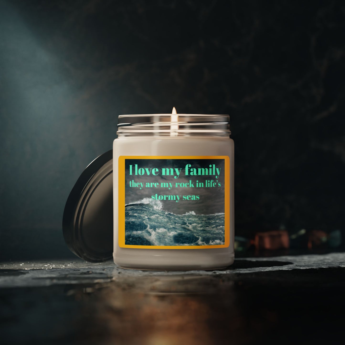 Bougie parfumée au soja - « J'aime ma famille, ils sont mon roc » - Bougie artisanale Ocean Wave 9oz