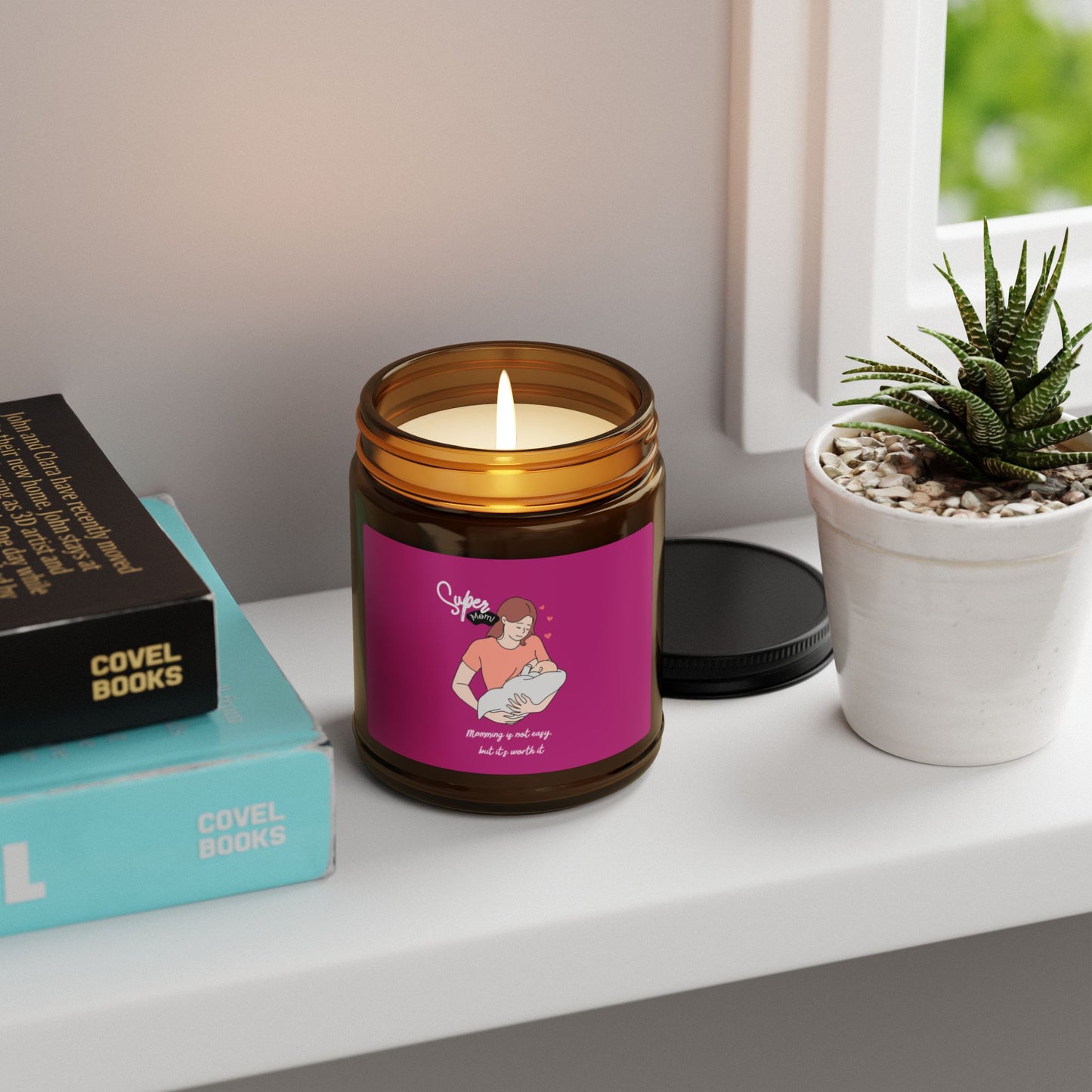 Soy Candle - Uplifting Aromatherapy with Whimsical "Super Mom! Momming is not easy but it's worth it"