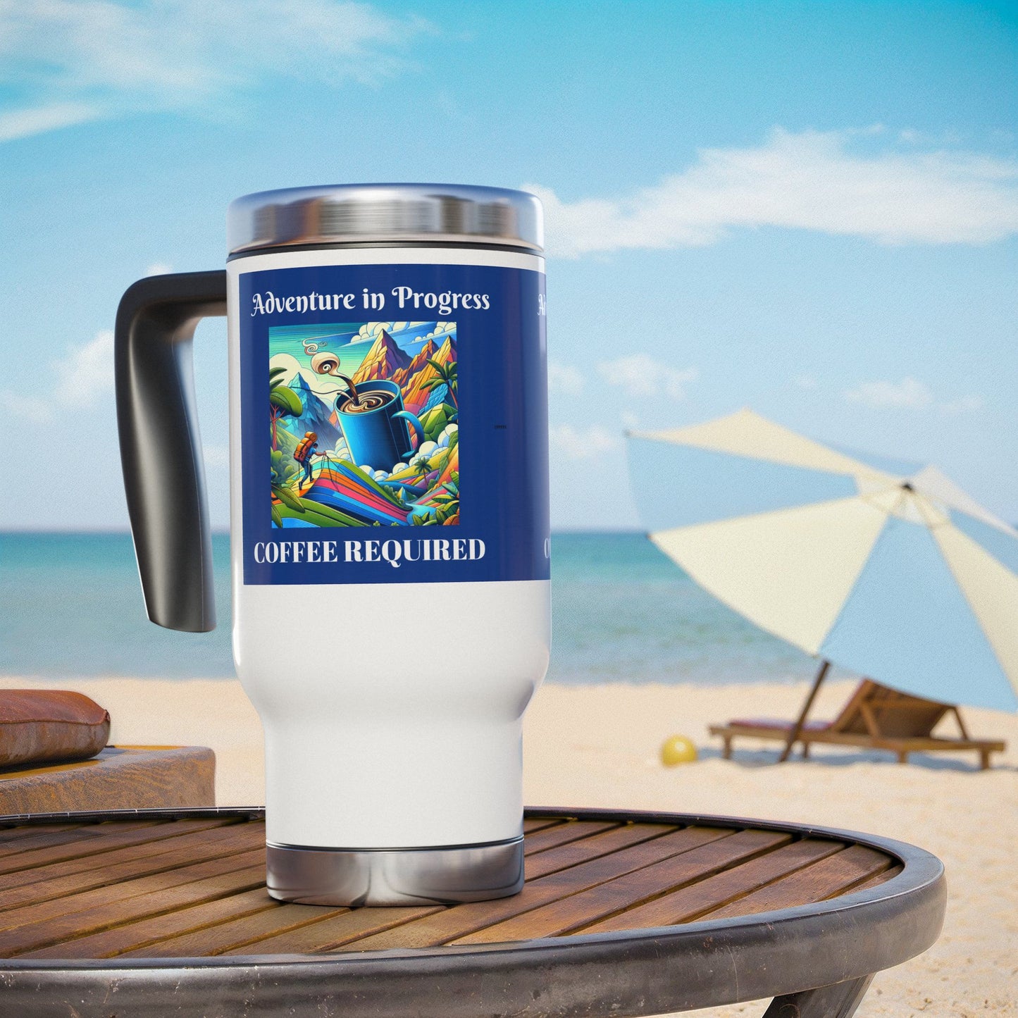 Travel Mug - Adventure in Progress, Coffee Required - 14oz Stainless Steel with Handle