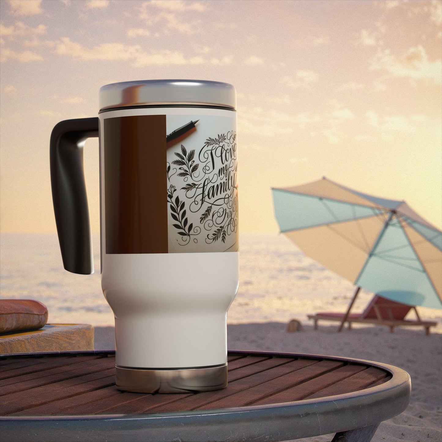 Coffee Travel Mug-14oz Stainless Steel with handle-Perfect gift for family "I love my family"